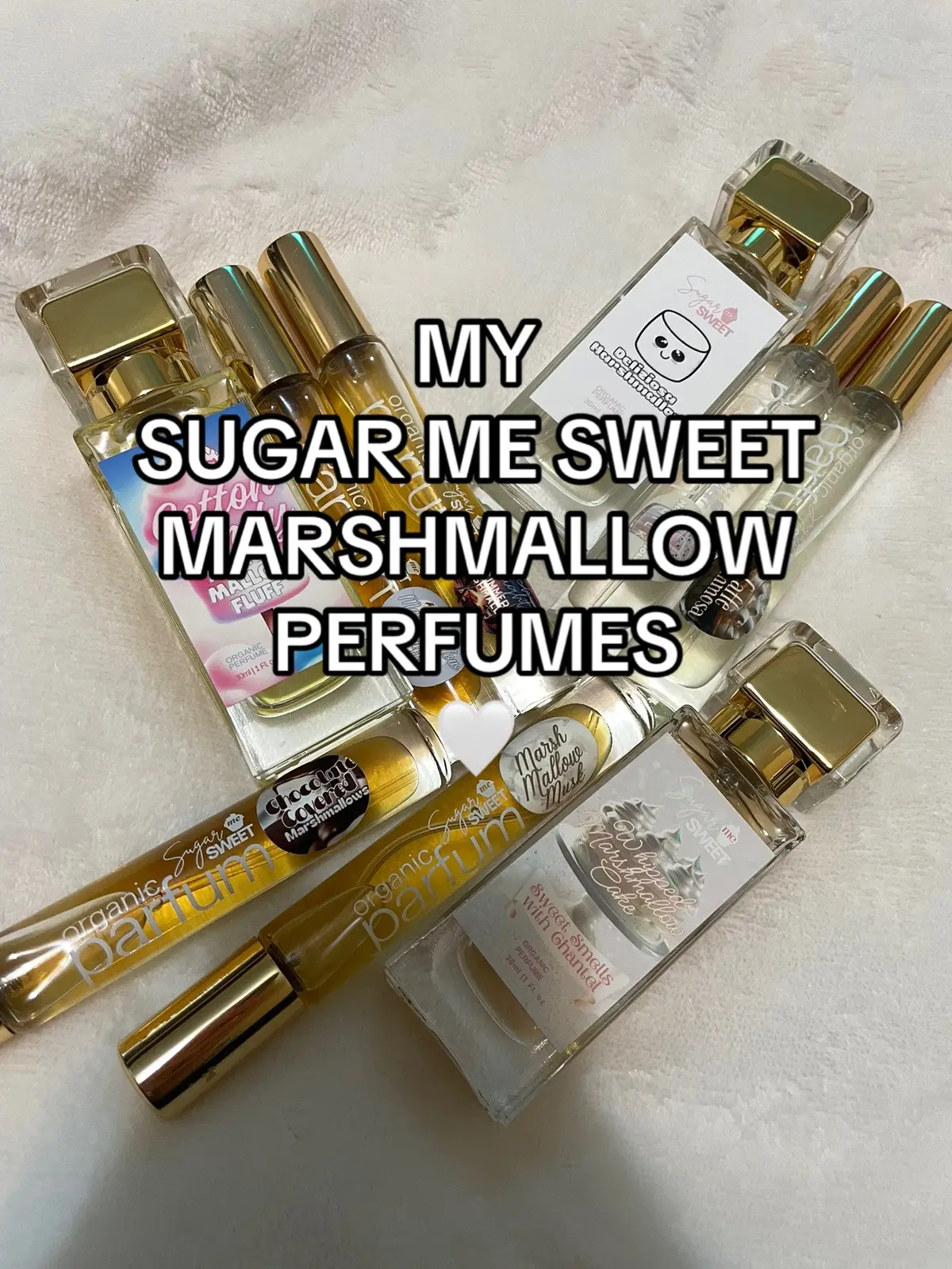 here’s all my sugar me sweet perfumes with a marshmallow note 🤍🤍🤍 perfumes mentioned : - deliziosa marshmallow - marshmallow fluff - chocolate covered marshmallows - whipped marshmallow cake ( @✨️Sweet Smells with Chantel✨️ ) - marshmallow milk - marshmallow musk - cotton candy marshmallow fluff - caffe gommosa - beach nights summer marshmallow @SugarMeSweet🧁  #perfumetiktok #marshmallowperfume #sugarmesweet #fragrancetiktok #perfume 
