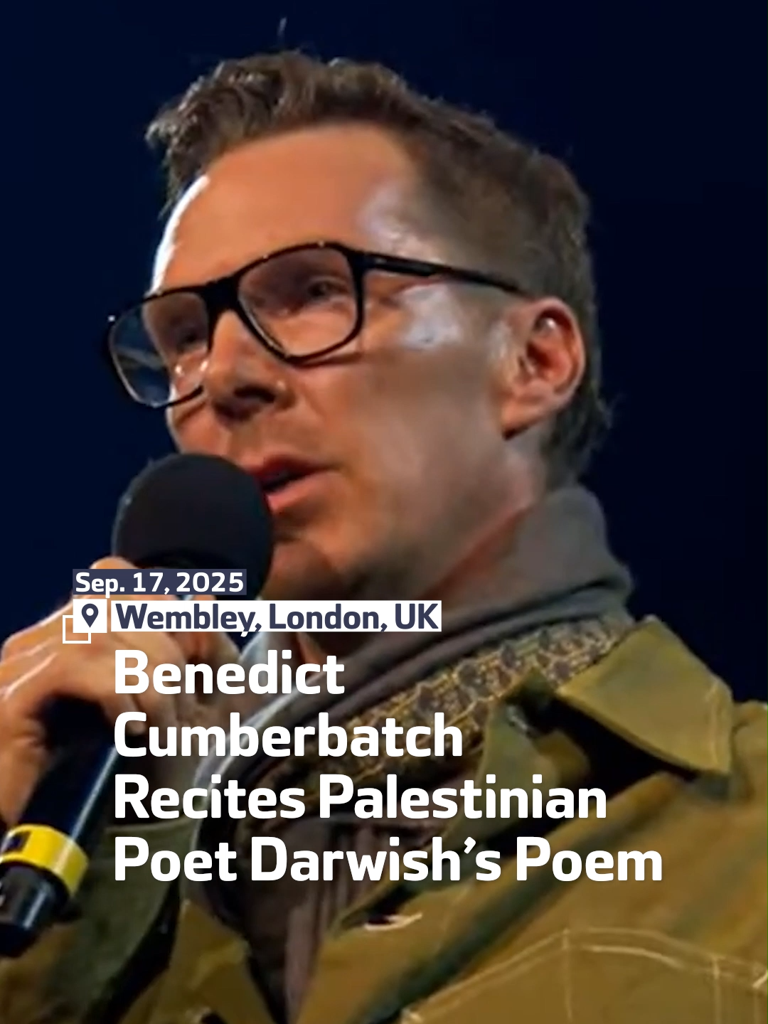British actor Benedict Cumberbatch recites Palestinian poet Mahmoud Darwish’s “On This Land There Are Reasons to Live” during the Together for Palestine gathering at London’s OVO Arena in Wembley.
