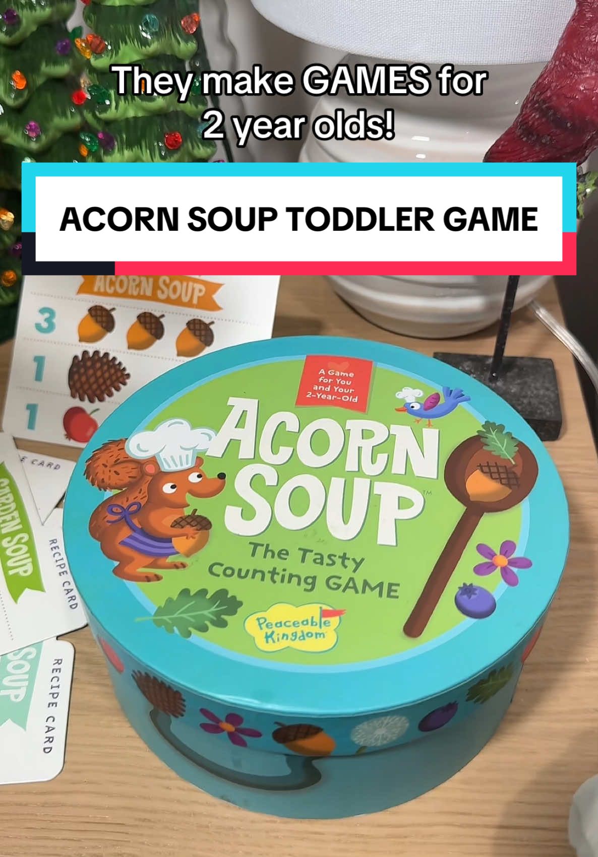 Acorn Soup is a counting game for 2 year olds! A great screen free activity that helps toddlers learn how to count.  #toddlergames #toddleractivities #giftsfortoddlers #toddlergiftideas #screenfreeactivities 
