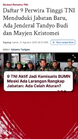 Di tengah larangan rangkap jabatan yang ditegaskan Mahkamah Konstitusi, sembilan TNI aktif dan purnawirawan justru resmi menduduki kursi komisaris dan direksi di BUMN. UU dan Putusan MK jelas melarang rangkap jabatan bagi pejabat publik, tapi praktik ini masih terus terjadi. Apakah ada celah hukum atau standar ganda dalam penerapannya? Rangkap jabatan TNI aktif dinilai berpotensi menimbulkan benturan kepentingan dan mengancam profesionalisme serta netralitas militer. Saatnya pemerintah, TNI, dan BUMN konsisten menegakkan aturan demi demokrasi dan kepercayaan publik. #TNI #BUMN #RangkapJabatan #PutusanMK #PakLurahInternet