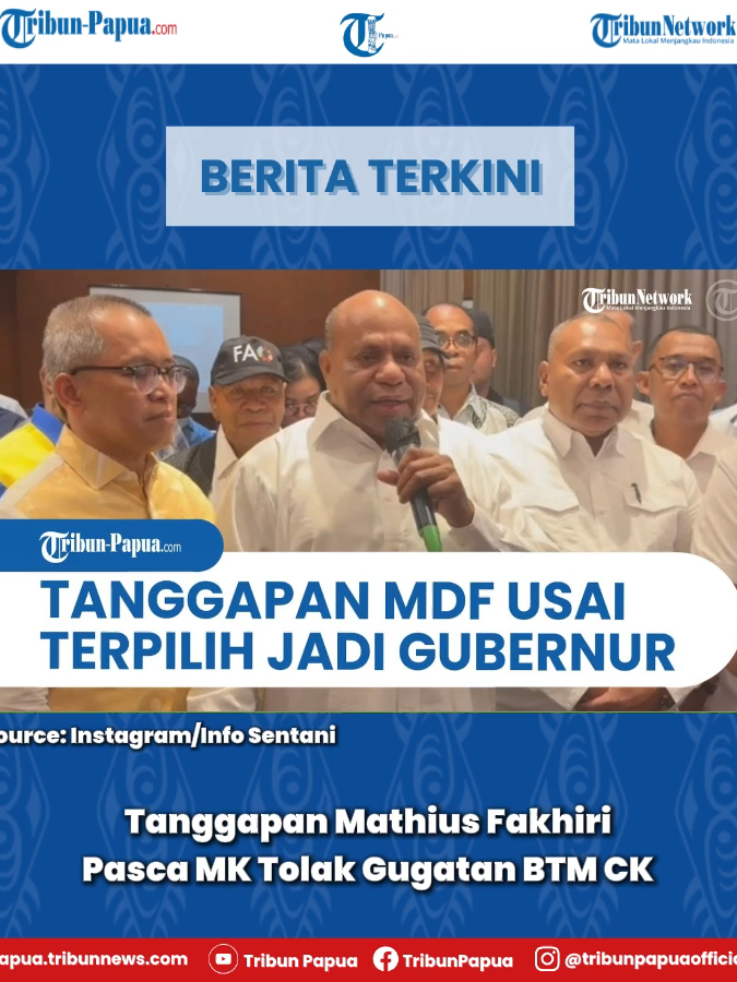 Putusan Mahkamah Konstitusi (MK) yang menolak seluruh gugatan pasangan Benhur Tomi Mano – Constan Karma (BTM–CK), Rabu (17/9/2025), menjadi titik akhir dari dinamika panjang kontestasi Pilkada Papua. Dengan resmi ditetapkannya Mathius D. Fakhiri  dan Aryoko Rumaropen sebagai Gubernur dan Wakil Gubernur Papua terpilih, sebuah babak baru politik Papua pun dimulai. Usai mendengar putusan MK, MDF langsung menyampaikan pesan damai yang menyejukkan, tidak hanya kepada rival politiknya, tetapi juga kepada seluruh rakyat Papua. BACA SELENGKAPNYA papua.tribunnews.com dan tribunnews.com Follow us on Social Media Instagram: @tribunpapuaofficial TikTok: @tribunpapua Facebook: Tribun Papua Youtube: Tribun Papua
