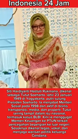 Siti Hardiyanti Hastuti Rukmana, atau Tutut Soeharto, putri sulung Presiden Soeharto, kembali menjadi perhatian publik. Lahir di Yogyakarta pada 23 Januari 1949, ia dikenal sebagai pengusaha transportasi, media, dan properti, serta pernah menjabat Menteri Sosial pada 1998. Kini, Tutut menggugat Menteri Keuangan Republik Indonesia ke Pengadilan Tata Usaha Negara Jakarta. Gugatan teregister dengan nomor perkara 308 G 2025 PTUN JKT dan terkait Keputusan Menkeu Nomor 266 MK KN 2025 yang mencegahnya bepergian ke luar negeri. Perkara ini dijadwalkan memasuki tahap pemeriksaan persiapan pada 23 September 2025. Publik menantikan hasilnya karena dianggap menjadi ujian bagi pelaksanaan kebijakan penagihan piutang negara dan perlindungan hak mobilitas warga negara. #indonesia🇮🇩 #fyppppppppppppppppppppppp 