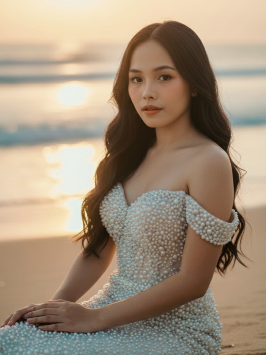 Create a photo,  girl is wearing a fancy off mermaid inspired dress with pearls,  light make-up and wavy hair,  pose: sitting sideways elegantly looking at the camera at the warm blurry beach. #fypシ゚ #geminitrend #Gemini #AI #prompt 