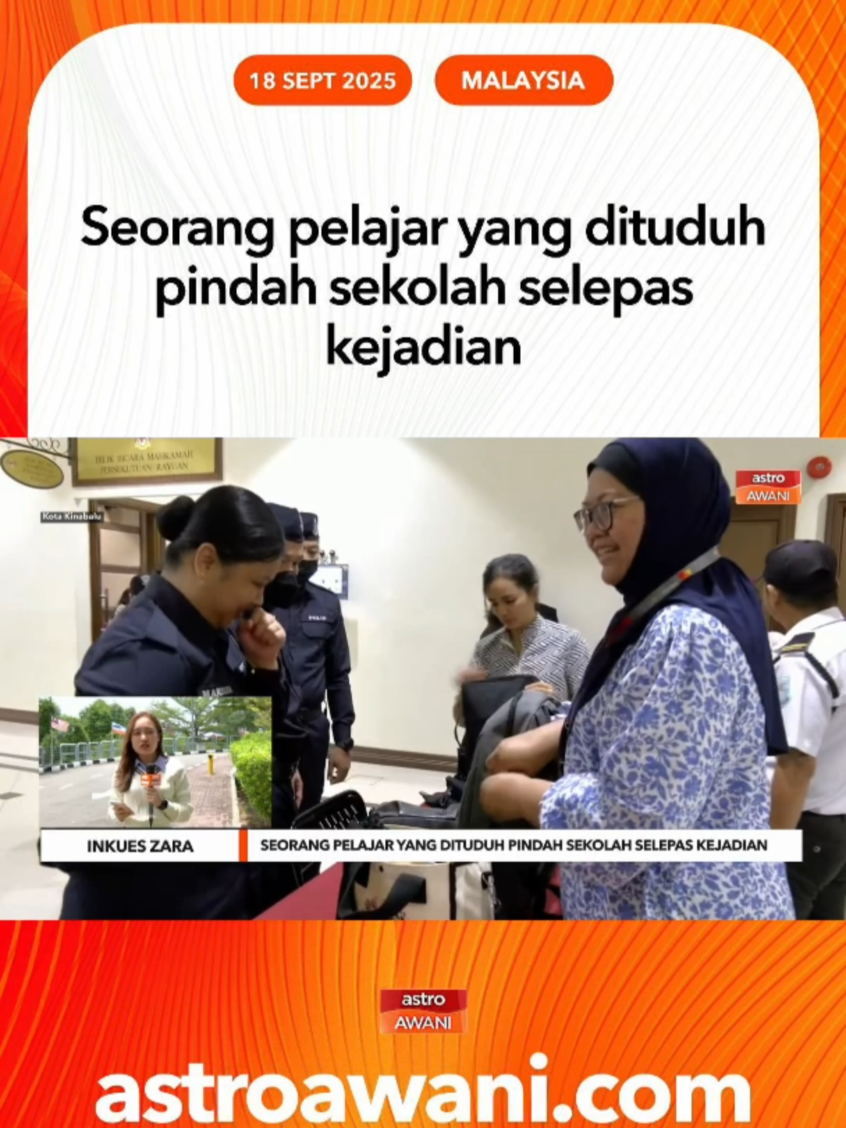 Mahkamah Koroner Kota Kinabalu dimaklumkan bahawa salah seorang pelajar yang dituduh di mahkamah dalam kes membabitkan Allayarham Zara Qairina Mahathir, telah berpindah ke sekolah lain. #AWANInews