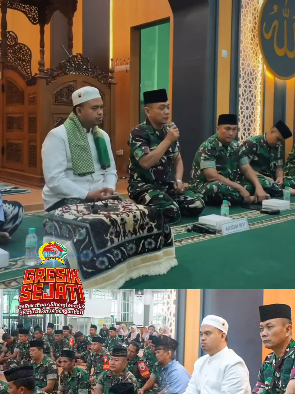 Prajurit Kodim 0817/Gresik Teladani Akhlak Rasulullah di Momen Maulid Nabi SAW #kodimgresik #maulidnabimuhamammadsaw #promoseruweekend #fypage  Gresik – Kodim 0817/Gresik melaksanakan kegiatan peringatan Maulid Nabi Muhammad SAW 1447 H/2025 M yang digelar di Masjid Baiturahman Makodim 0817/Gresik, Kamis (18/09/2025). Acara ini mengusung tema “Membangun Karakter Personel TNI Prima Melalui Sunnah Rosulullah” dan dihadiri sebanyak 144 orang. Turut hadir dalam kegiatan tersebut Kasdim 0817/Gresik Mayor Inf Siari mewakili Dandim 0817/Gresik, para Perwira, Bintara, Tamtama dan PNS Kodim 0817/Gresik, pengurus dan anggota Persit KCK Cabang XLIV Dim 0817/Gresik, serta penceramah Ustadz Zainuri, M.Pd.I. dan Qori Ustadz Ahmad Chuban Marzuki. Rangkaian kegiatan diawali dengan pembacaan ayat suci Al-Qur’an, saritilawah, serta pembacaan sholawat Nabi. Dilanjutkan sambutan dari Kasdim 0817/Gresik Mayor Inf Siari yang menekankan pentingnya meneladani akhlak Nabi Muhammad SAW dalam kehidupan prajurit TNI. “Melalui peringatan Maulid Nabi Muhammad SAW ini, kita berharap seluruh prajurit dan keluarga besar Kodim 0817/Gresik dapat mencontoh akhlak dan kepemimpinan Rasulullah. Dengan meneladani beliau, kita akan mampu membangun karakter prajurit yang disiplin, berakhlak mulia, dan siap mengabdi kepada bangsa dan negara,” ujar Mayor Inf Siari. Acara kemudian diisi dengan ceramah agama yang disampaikan oleh Ustadz Zainuri, M.Pd.I. Dalam tausiyahnya, beliau mengingatkan tentang keteladanan sifat, perilaku, dan karakter Nabi Muhammad SAW yang relevan untuk dijadikan pedoman, khususnya bagi prajurit TNI dan keluarga besar Kodim 0817/Gresik dalam berbangsa dan bernegara. Peringatan Maulid Nabi ini ditutup dengan doa bersama yang dipimpin langsung oleh Ustadz Zainuri, M.Pd.I., dengan harapan seluruh keluarga besar Kodim 0817/Gresik senantiasa diberikan kekuatan, kesehatan, dan keberkahan dalam menjalankan tugas pengabdian kepada bangsa dan negara. (Pen0817)