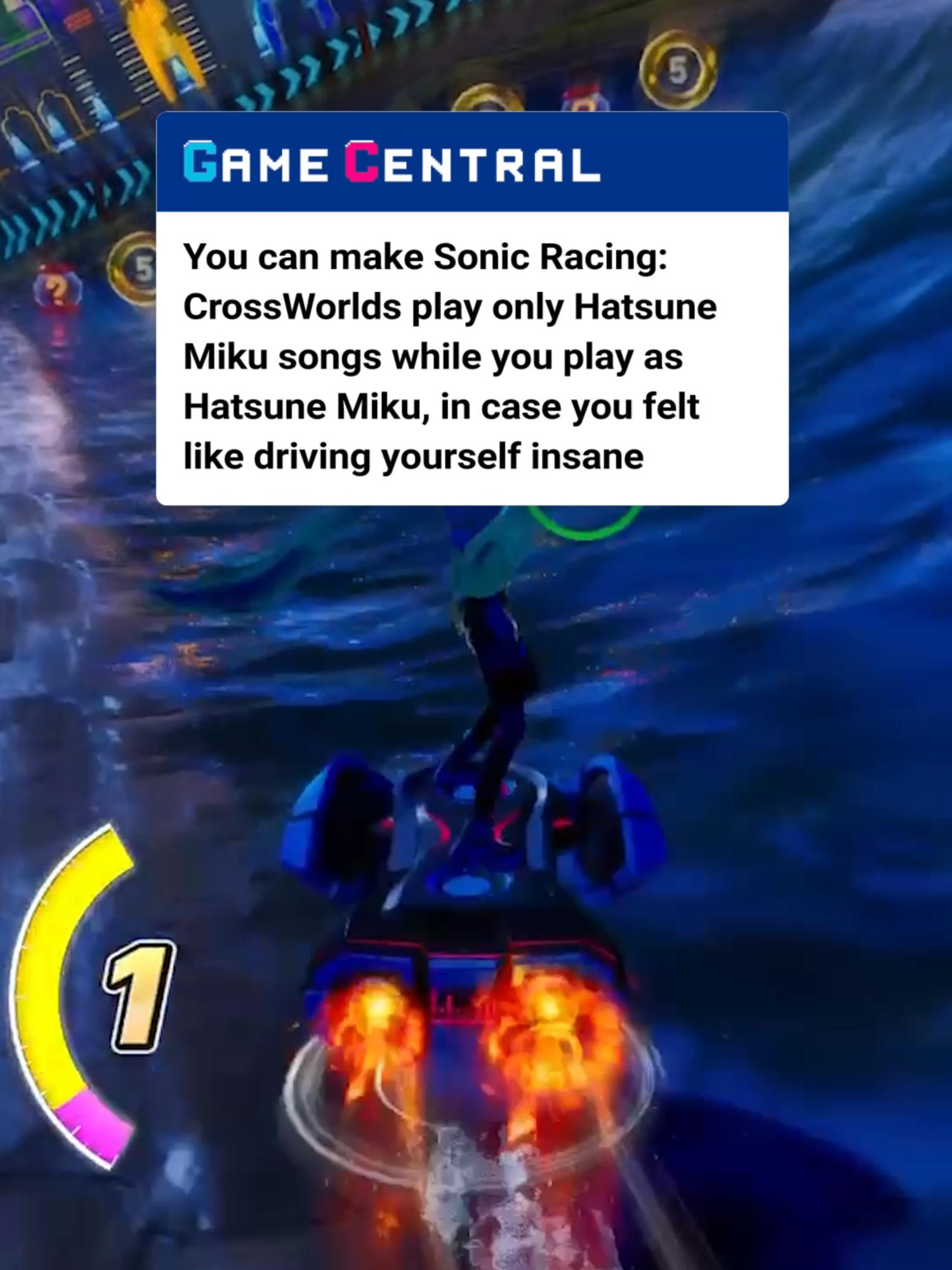 sonic racing: crossoworlds is out on september 25th and in case you haven't heard, hatsune miku will be one of the characters you can play as at launch - and if you're so inclinced to make everyone within a five mile radius hate you, you can also change the game's soundtrack to play nothing but miku bangers #sonicthehedgehog #sonicracing #hatsunemiku #sega #gaming