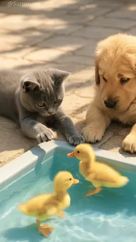 🥰「新手」鴨子保姆團：貓咪與金毛幼犬合體，超有愛！🥰