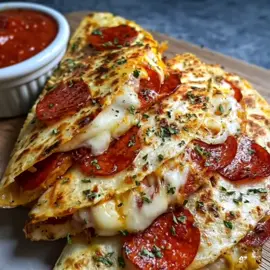 QUESADILLA DE PIZZA DE PEPPERONI 🍕 😋 Ingredientes: 4 tortillas de harina medianas 1 ½ tazas de queso mozzarella rallado 1/2 taza de queso cheddar rallado (opcional para un sabor extra) 1/2 taza de pepperoni rebanado 1/4 cucharadita de orégano seco 1/4 cucharadita de ajo en polvo 1 cucharada de aceite de oliva o mantequilla (para asar) 1/2 taza de salsa para pizza o marinara (para mojar) Instrucciones: Calienta la sartén: Coloca una sartén grande a fuego medio y agrega un poco de aceite de oliva o mantequilla. Arma la quesadilla: Extiende una tortilla y espolvorea la mitad con queso mozzarella y cheddar. Agrega una capa de rebanadas de pepperoni y luego espolvorea orégano y ajo en polvo. Dobla la tortilla por la mitad. Cocinar hasta que esté crujiente: Colocar la tortilla doblada en la sartén y cocinar de 2 a 3 minutos por lado, o hasta que esté dorada y crujiente, y el queso esté completamente derretido. Presionar suavemente con una espátula para que se dore de manera uniforme. Repetir y rebanar: Repetir con las tortillas e ingredientes restantes. Dejar enfriar un poco y luego cortar cada quesadilla en gajos. Servir con salsa: Servir caliente con una guarnición de salsa marinara o salsa para pizza. Información nutricional: ⏰ Tiempo de preparación: 5 minutos | 🔥 Tiempo de cocción: 10 minutos | ⏳ Tiempo total: 15 minutos ⚡ Calorías por porción: ~330 | 🍽️ Porciones: 4 #fyp #pepperoni #quesadilla #pepperonipizzaquesadillas #fypシ