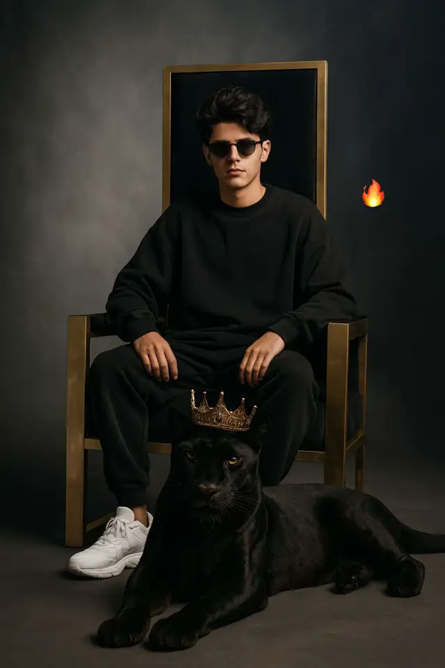 جرّبوها وحط صورتك بالتعليقات 🔥 “Male model in oversized Black sweatshirt and sweatpants with White sneakers, [model wearing black sunglasses with rounded lenses], seated elegantly on a throne in the color Black Golden, against a soft White Pastel dark studio backdrop, [Giant Black Panther lying in front of the model, Panther with a crown on the head]. Cinematic lighting, futuristic editorial style, relaxed  posture, head slightly tilted.” #ترند #تصويري #ذكاء_اصطناعي #gemini #ai 