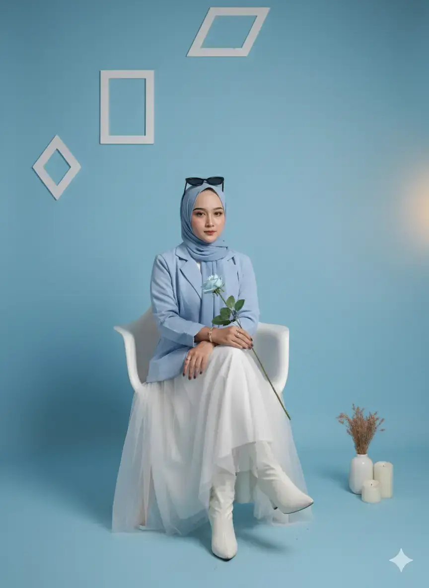 Jadikan foto di studio. tanpa mengubah wajah. buat sedetail dan semirip mungkin dengan yang ada di foto. menampilkan seorang wanita muda, cantik, dan independent yang sedang berdiri. memakai atasan blazer elegan warna baby blue, tok tutu panjang warna putih, hijab pasmina warna baby blue, dan sepatu boots putih dengan kesan yang elegan dan misterius. memakai kacamata hitam pencahayaan lembut dan minum, menghasilkan bayangan tegas dan suasana moody. pose tubuh sedang duduk dikursi warna putih dengan satu tangan memegang setangkai bunga mawar biru muda, angel wajah kedepan layar polos biru muda estetik estetika sederhana dan modern. dan sedikit sentuhan lampu senja dibelakang. tangan memakai aksesoris simple elegan. tambahan aksesoris hiasan dilantai yang simple dan hiasan simple didekat latar dinding. #geminiai#trend#lewatberanda#googlegemini#fypシ゚viral 