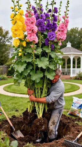 Watch these giants climb to the sky—FAST!  #Hollyhocks #CottageGarden #FlowerTower #PollinatorGarden #GardenTok     