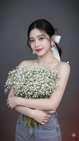 แจกคำสั่ง(Prompt)⬇️##gemini ##สร้างภาพจากAi A studio potrait of me with soft, glowy makeup and a confident, serene smile. She is holding a large bouquet of variant gypsophila's across her chest, appearing as it the flowers are her top. She has soft wavy in her dark hair all in the back half up with white big ribbon in the back and is wearing pearl drop earings and a delicate gold necklace. The background is a smooth, dark gray and the overall lightning is soft and even, creating a clean professional, and elegant look. She is wearing high-waist blue jeans, and her arms are gently crossed to hold the roses. #CapCut 