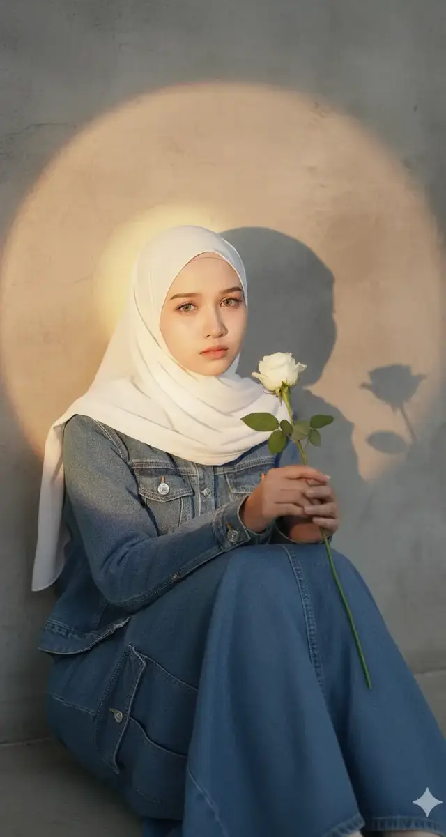 Foto di dalam studio dengan cahaya senja Step 1. Masuk ke aplikasi google Gemini Step 2. Tekan tanda (+) Step 3. Masukin foto di galeri yg ingin di editStep 4. Salin promptnya Buatlah gambar misterius saya dengan expresi murung duduk bersender di dinding menghadap ke depan. kedua tangan memegang satu tangkai mawar putih .saya menggunakan jaket denim warna denim. rok cargo panjang denim. menggunakan hijab syari putih. Gunakan latar belakang polos dan sinar matahari keemasan yang hangat berbentuk lingkaran,berikan bayangan dramatis pada dinding polos, pastikan bayangan wajah yang kuat di dinding terlihat dengan rasio keseluruhan 9:16 selamat mencoba #editgemini #editfotoai #caraeditfoto 