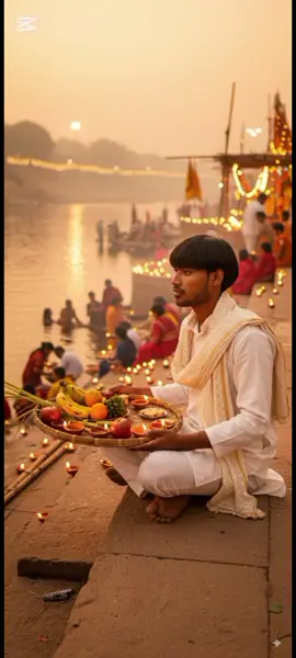 ia studio Create an image chat puja celebration ,a festival of Bihar use the image provided of this boy above he is sitting on the stairs of the ghat holding a tray full of diya and fruits for the aragh.the background shows the evening scene of the aragh with stairs decorated with offerings ghats glowing with countless diya and lights reflecting on the , River he is wearing a traditional white kurta pajama with a light embroidered dupatta over his shoulder giving a festive and culture vibe hi is expression is calm graceful and devotional capturing the spiritual essence of the festival the picture is filled with warm Golden tones ni festive aesthetics and emotion twards the celebration #chhathpuja #tiktok #foryoupage #viralvideo #fpyツ @SUNITA🤲❤ @sunita💙 @✯⃝ 𝕮𝖍𝖆𝖚𝖍𝖆𝖓✯⃝ 🚩 