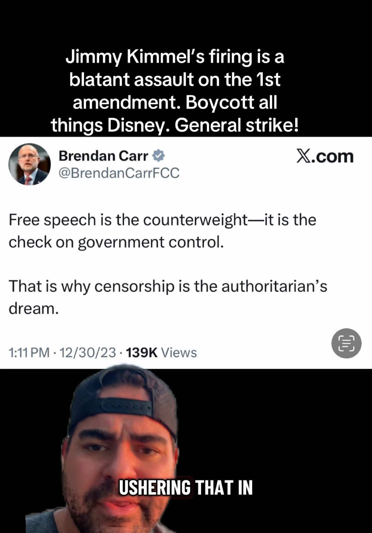 Calling for an all out boycott and cancellation of all things Disney, abc HULU ESPN etc. Taking away the first amendment and freedom of speech is paramount to this country. It’s not about Jimmy Kimmel it’s about a fascist taking control of the media and censoring things he doesn’t like. The athoritarian mask is fully off. Welcome to America where speech isn’t free. We also need a general strike! #FYP #FDT #resist #liberal #progressive 