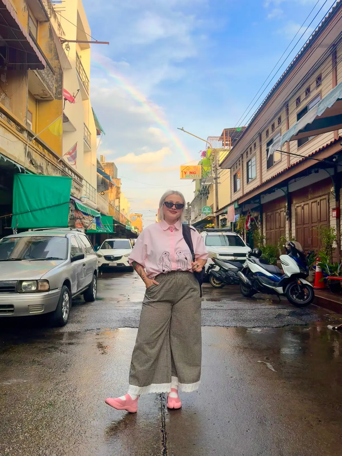 hiiiiii! fit check from BANGKOKKKK 🤩 Still can’t believe I’m here. Bought this outfit at the Wang Lang market and my shoes are Tabi Barefoot 🩷