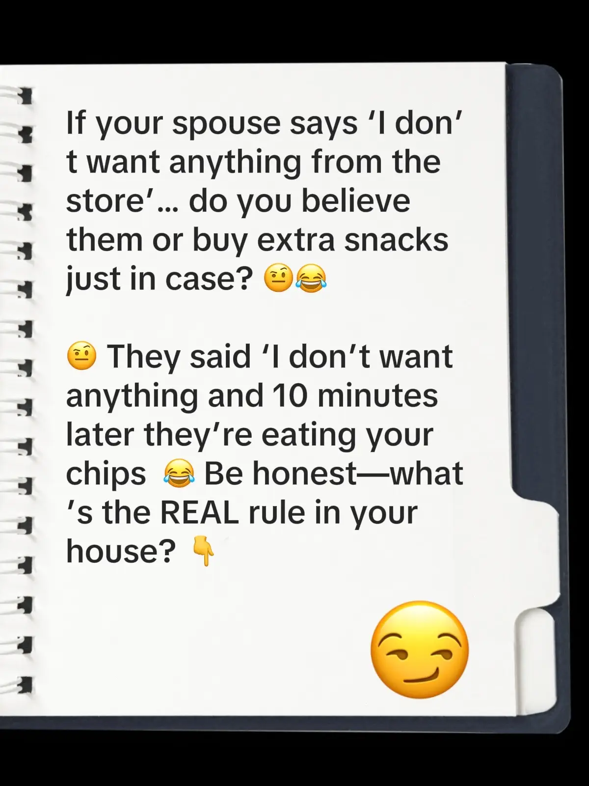 “When your spouse hits you with the classic ‘I don’t want anything from the store’… 👀 Only to end up stealing half your snacks 10 minutes later 🤨😂 Be honest—do you actually believe them, or do you just buy extras ? 🍟🤣👇” Hashtags: #CouplesChallenge #MarriageJokes #LoveAndLaughter #MarriedLifeUnfiltered #TikTokCouples