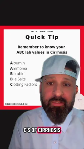 🚨 Quick Tip from Dr. Zeeshan 🚨  When it comes to Cirrhosis, don’t get lost in the labs — remember your ABC’s ✅ ✨ A = Albumin & Ammonia  ✨ B = Bilirubin & Bile Salts  ✨ C = Clotting Factors This mnemonic makes it easy to keep track of the most high-yield labs you’ll see tested in both nursing school and the NCLEX. 🩺 Think: Cirrhosis messes up the liver, so you’ll see changes in your ABC labs! 🔥 ➡️ Save this post for quick review before your exam. #NCLEXPrep #NursingSchool #NursingStudents #NCLEXHighYield #NurseLife      