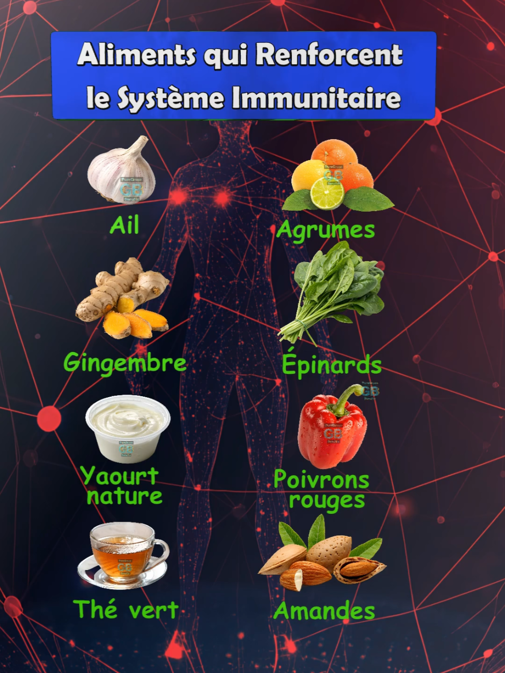 Aliments qui Renforcent le Système Immunitaire Un système immunitaire fort est essentiel pour protéger l’organisme contre les infections et maintenir une bonne santé. Voici 8 aliments scientifiquement reconnus pour stimuler vos défenses naturelles : 1️⃣ Ail 🧄 → Contient l’allicine, un composé aux propriétés antimicrobiennes et antivirales. 2️⃣ Agrumes 🍊 (orange, citron, pamplemousse) → Riche en vitamine C, stimule la production de globules blancs. 3️⃣ Gingembre 🌿 → Effet anti-inflammatoire puissant, aide à combattre les infections. 4️⃣ Épinards 🥬 → Source de vitamine C, bêta-carotène et antioxydants, booste l’immunité cellulaire. 5️⃣ Yaourt nature 🥛 → Contient des probiotiques, essentiels pour la santé intestinale et immunitaire. 6️⃣ Poivrons rouges 🌶️ → 2 fois plus de vitamine C que les agrumes + riches en bêta-carotène. 7️⃣ Thé vert 🍵 → Polyphénols et catéchines → puissants antioxydants qui renforcent les défenses. 8️⃣ Amandes 🌰 → Riches en vitamine E, un antioxydant clé pour soutenir le système immunitaire. 👉 Une alimentation variée et équilibrée, associée à un bon sommeil et à l’activité physique, reste la meilleure stratégie pour un système immunitaire fort. #SantéNaturelle #RenforcerImmunité #AlimentationSaine #bienêtre 