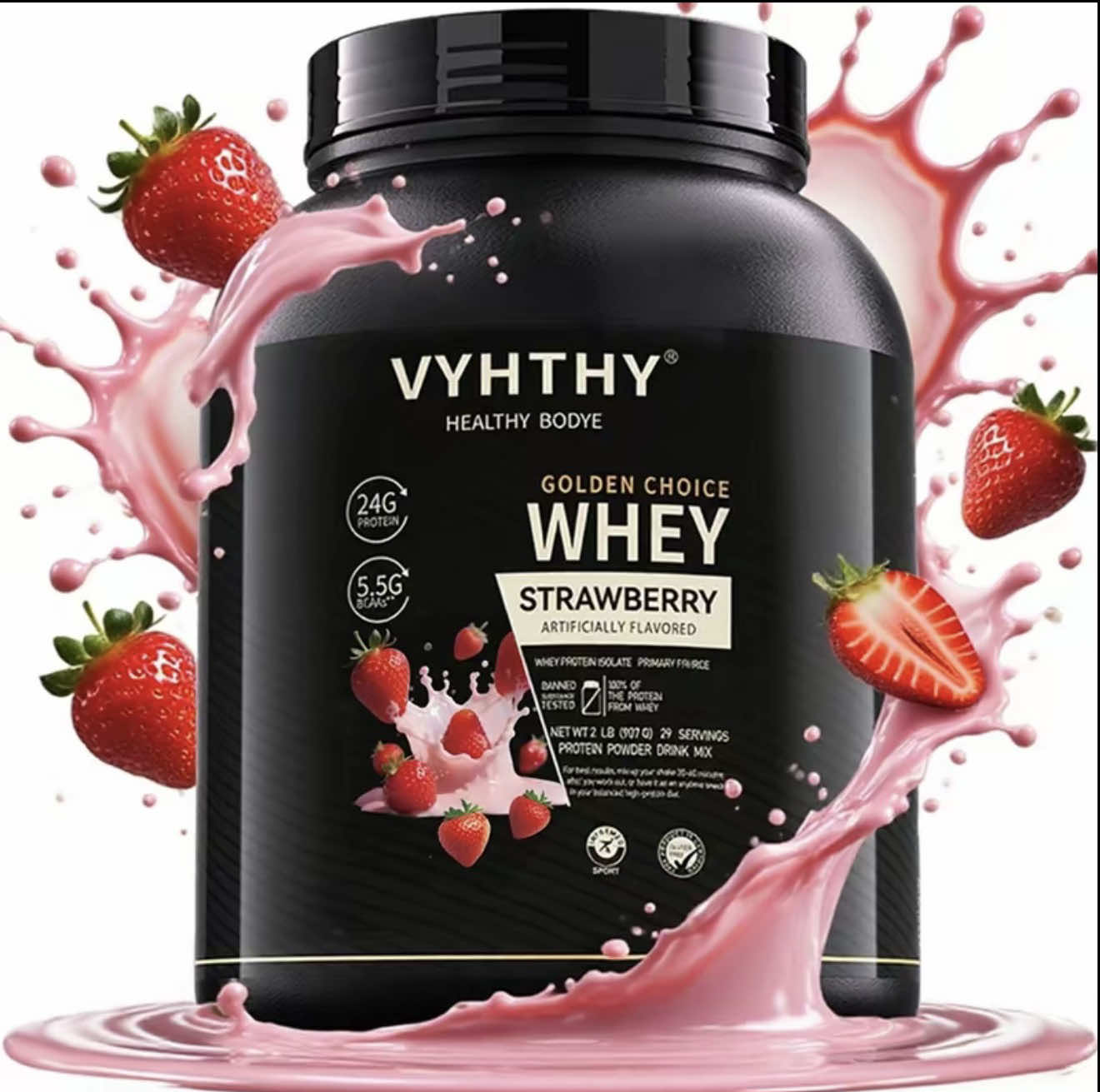 VYHTHY Whey Protein Powder - Strawberry Flavor, 24g Protein, 3.5g BAAs, Sugar-Free, High-Quality Whey Isolate & Concentrate for Muscle Growth & Recovery - Healthcare Fitness Supplement #tiktokshop #fyp #tiktokfinds #tiktokmademebuyit #VYHTHY 