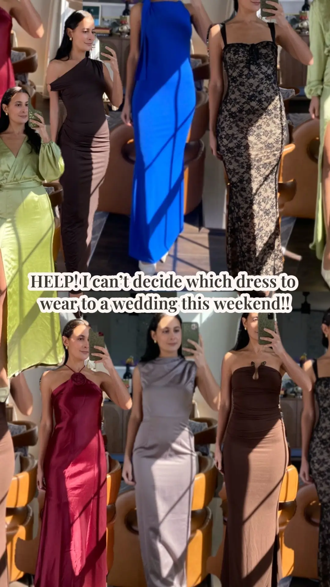 Okay TikTok besties…I NEED your help! I have a wedding this weekend it’s black tie optional and I have 8 potential (maybe?) wedding guest dresses! Which one is the vibe?! Please comment your pick!!  There’s a good mix between brown dresses, black dresses, neutral, and a fall color or a long sleeve dress option! Comment your favorite dress number!! PLSSS🥹❤️😅 #weddingguestdress #ootn #helpmechoose 