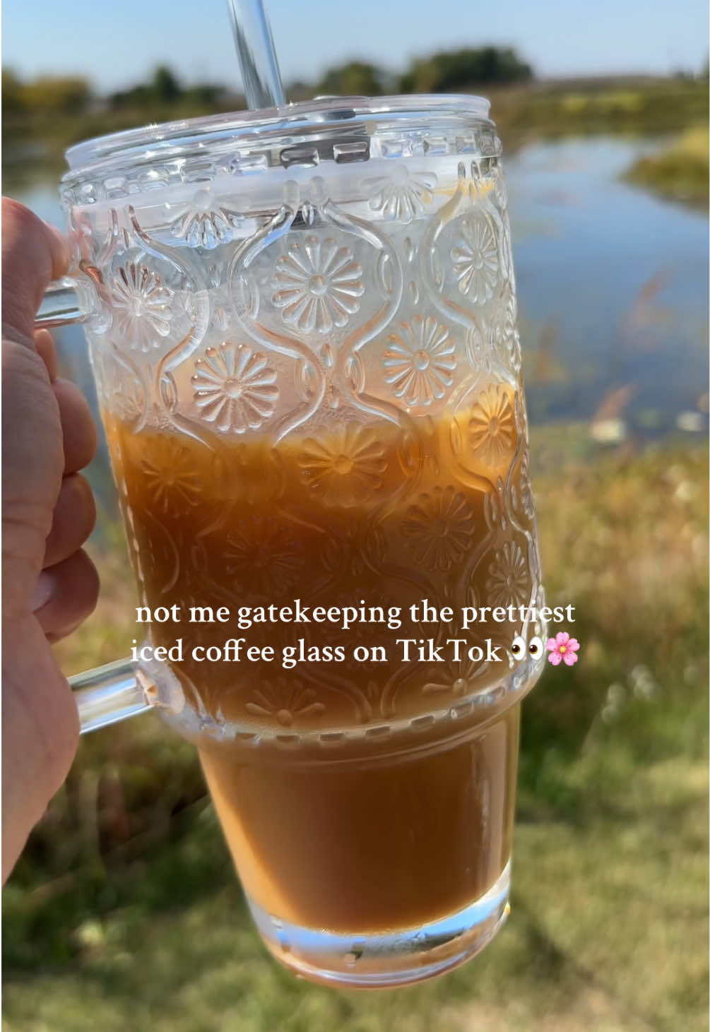Is this not the prettiest glass for those aesthetic iced coffee moments? This is such good quality, so durable and the perfect size. An absolute iced coffee must have. #icedcoffeeathome #coffeetok #aestheticcups #homecafe #fyp 