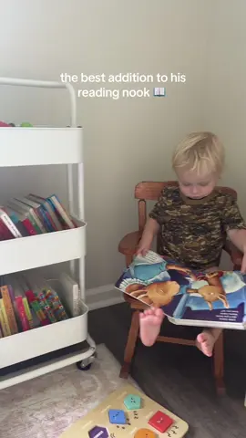 It was once for his diapers and wipes and now it is for books! We love a multipurpose item! #rollingcart #diapercart #bookcart #readingnook #toddler 
