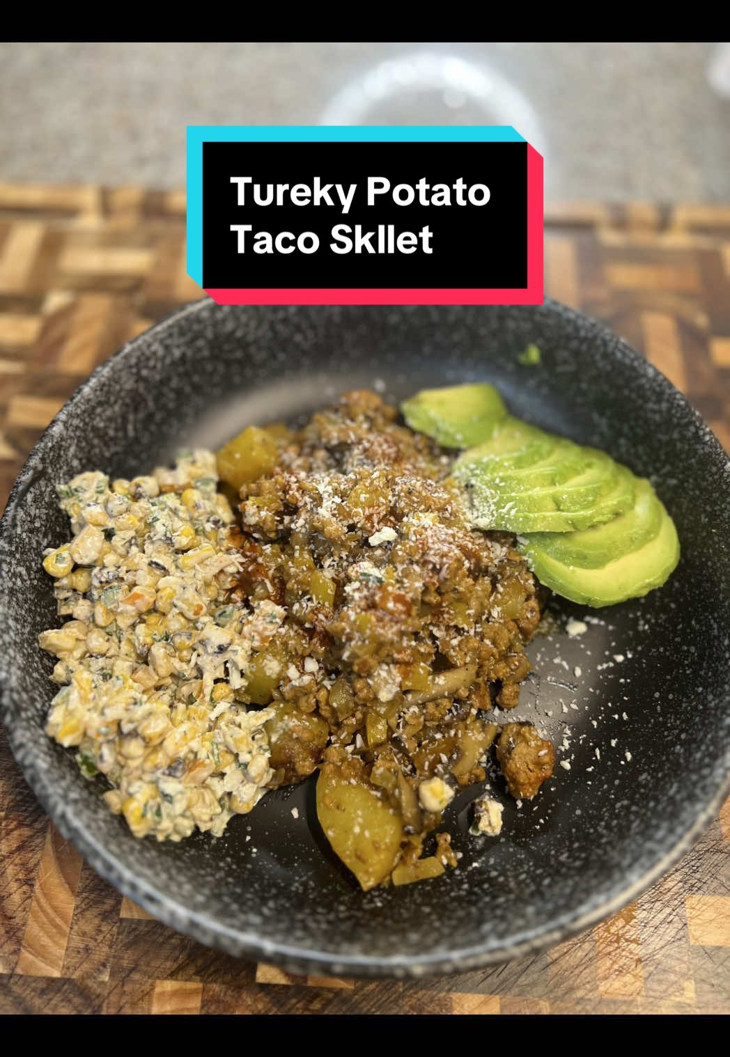Turkey Potato Taco Skillet! Ingredients: Ground Turkey - 1.3lbs Sazon Seasoning Packet Taco Seasoning  Yellow Potatoes - 6 Salt Pepper Garlic Blend Avocado Oil Onion - 1  Bell Pepper - 1 Mushrooms - 10oz Worcestershire Sauce Taco Blend Cheese - 1 1/2c Directions: 1. Dice the potatoes into bite size pieces and add to a bowl. Season with some avocado oil and a salt pepper garlic blend. Add to a hot skillet and spread out. Cook on medium high heat for 8-10mins while prepping the veggie. Mix the potatoes every few mins.  2. Finely dice one onion, one bell pepper and slice the mushrooms.  3. Make an open spot in the skillet and add the ground turkey. Flatten out and cook without moving for 5mins to form a crust. Then flip the turkey and break apart. Season with a packet of sazon and some taco seasoning. Add the pepper, onion and mushrooms. Give everything a good mix and cook on medium heat for 8-10mins until the turkey is cooked through and veggies are softened. I also added a few splashes of Worcestershire sauce with a few mins left.  4. Pour in the cheese, kill the heat and give it a good mix. I served it with some sliced avocado, my leftover corn salsa topped with chipotle hot sauce and cotija cheese. Enjoy! #turkeytaco #potatoskillet #onepanmeal #onepandinner #cooking
