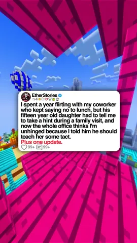 u/IntentionSalt4788 I spent a year flirting with my coworker who kept saying no to lunch, but his fifteen year old daughter had to tell me to take a hint during a family visit, and now the whole office thinks I'm unhinged because I told him he should teach her some tact. Plus one update. 0:00 Story Starts 5:05 Update: 1 Day Later #etherstories #minecraftparkour #reddit #redditstories #redditreadings