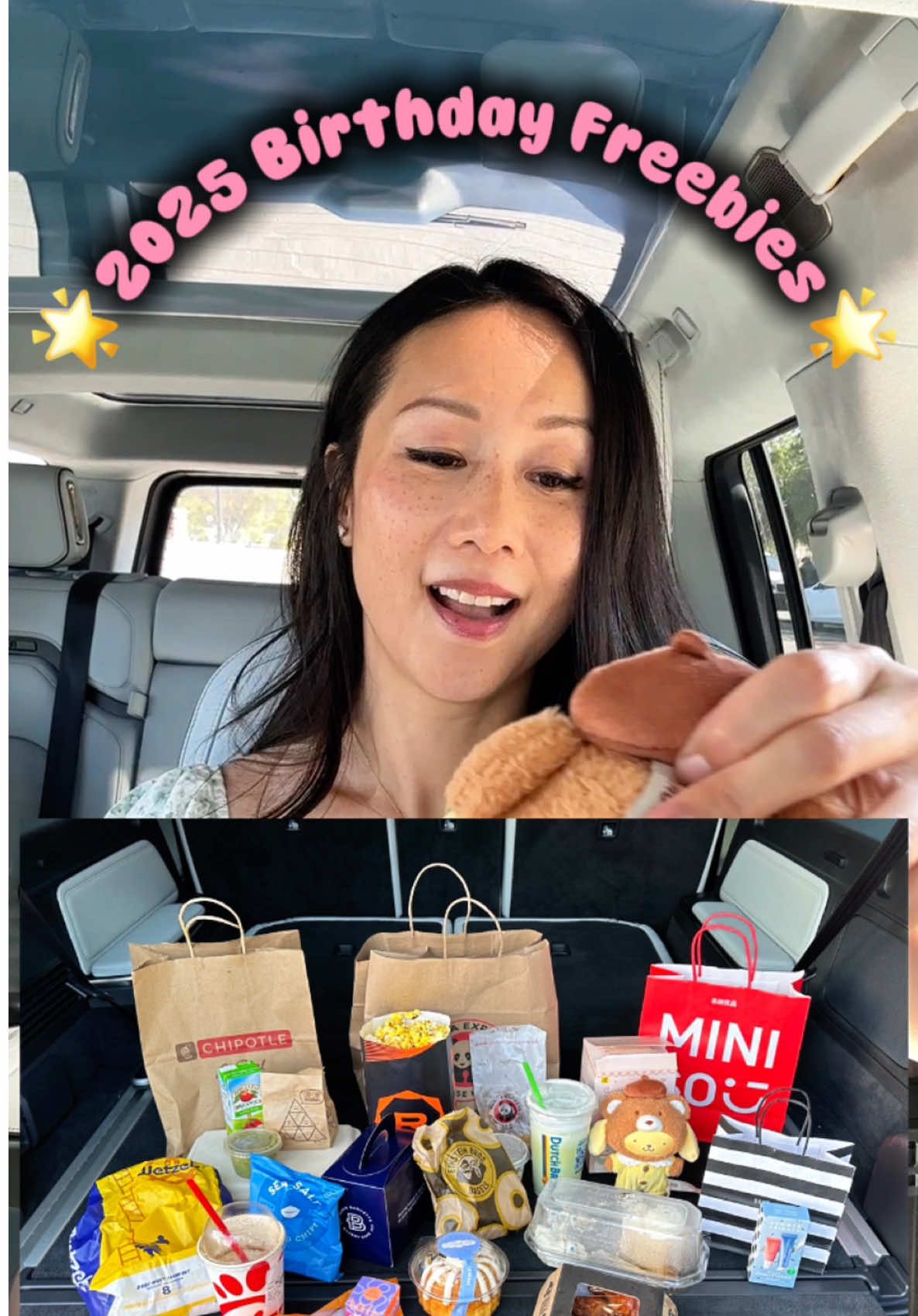 FULL LIST OF BIRTHDAY FREEBIES BELOW + requirements! 🥳 This is everything I got for my birthday this year.  Everything requires you to be part of their rewards programs. Try to sign up for their rewards programs at least a few weeks before your birthday so you don't miss out! #freebies #birthday #food  1. Chick-fil-A - Free dessert or frosty (rewards member) 2. Paris Baguette - Free slice of cake (rewards member + at least one purchase in the last year) 3. Einstein Bros Bagels - free egg sandwich with purchase (rewards member. You also get a free bagel + schmear with a purchase just for signing up) 4. Miniso - free blind box up to $25 (rewards member) 5. Sephora - deluxe birthday sampler (rewards member + $25 purchase) 6. Cheesecake Factory - free slice of cheesecake with any purchase (rewards member) 7. Wetzels Pretzels - free full size plain or cinnamon sugar pretzel (rewards member) 8. Chipotle - free guac with $5 purchase (rewards member) 9. Panda Express - free small entree or medium side with any purchase (rewards member) 10. Regal Cinemas - free small popcorn (rewards member) 11. Ulta - deluxe sample (rewards member) 12. Dutch Bros - free drink any size (rewards member. You also get a free drink for signing up) 13. Buffalo Wild Wings - 6 wings (rewards member) 14. Nothing Bundt Cakes - free bundtlet (reward member) Places I couldn't get to: Red Robin: Free burger with any purchase Benihana: $50 food reward Sidecar Donuts: Free donut and drink with purchase Krispy Kreme: 3 free donuts Applebees: Free dessert with purchase BJs: Free pizookie Starbucks: Free drink  Luna Grill: Free dessert with purchase Subway: Free cookie Panera: Free pastry Cinepolis: Free popcorn Belmont Park (San Diego): Free unlimited ride and play pass #mukbang #birthday #tiktokpartner 