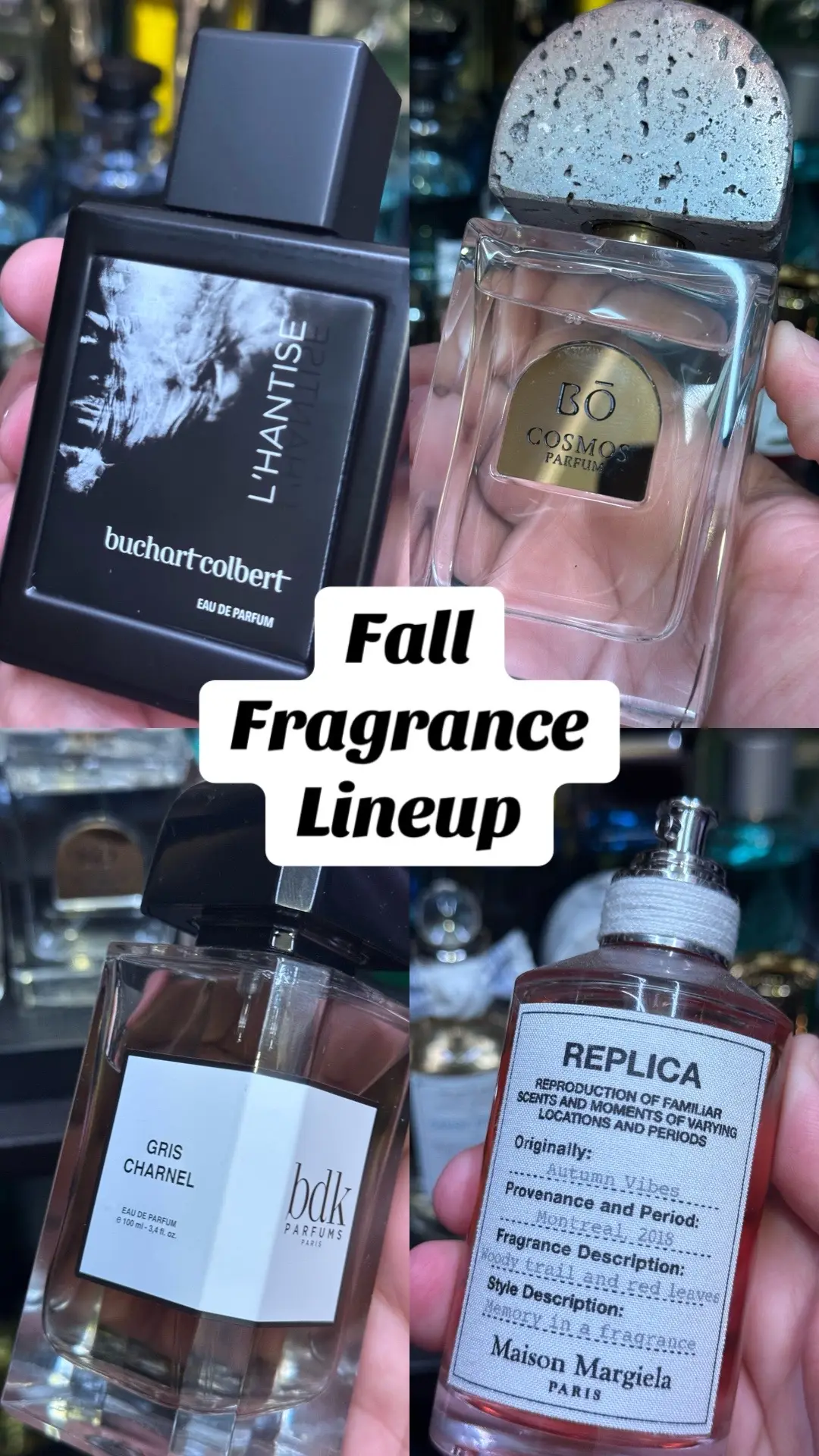 Fall is the season when fragrance really comes alive. Cooler temps bring out the spice the woods the mystery. This photo set features a few of my current fall go-tos. L’Hantise by Buchart and Colbert leans dark elegant and nostalgic. Cosmos by House of Bō feels airy magnetic and introspective with a touch of stardust. Gris Charnel from BDK is one of the sexiest cold weather scents ever made with its creamy fig tea and sandalwood combo. And Autumn Vibes by Maison Margiela is the most literal of the bunch: earthy smoky woody like taking a walk through crunchy leaves with your hoodie up and your mind calm. These are the scents that tell stories. If fall is your favorite fragrance season let me know what you’re wearing right now. More lineup posts coming soon #fall #nicheperfume #autumn #fragrance #perfume 