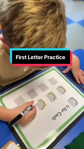 This is how I begin name writing ✍️ Before we ever pick up a marker, students build their letter on the blue mat from Handwriting Without Tears using the wooden pieces—big lines, little lines, big curves, and little curves. After they’ve built it, we move on to the dry erase pocket. I model what it means to trace (since many haven’t traced before), and then sit one-on-one to show them how to start at the top and form their first letter. When we’re finished, I use my checklist to note their pencil grasp—adding a star for tripod grasp or jotting down what kind of grasp they’re using. I also record a 1, 2, or 3 for their progress on writing the first letter. A “3” means next time we’ll work on their full name, while a “1” or “2” means we’ll keep practicing that first letter.