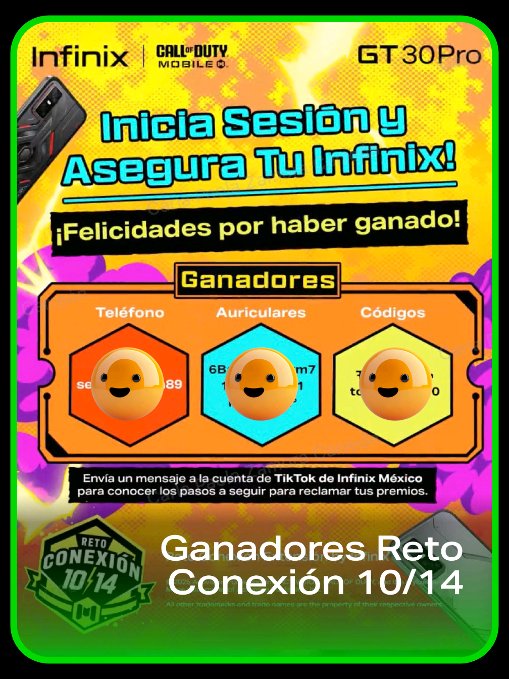 🎉 ¡Ya están aquí los ganadores del Reto Conexión 10/14! 🔥 ¿Eres uno de ellos? Mira el video y descúbrelo 👇 👀 Y ojo: si aún no nos sigues… ¡¿qué esperas?!  👉 Síguenos ahora para no perderte las próximas dinámicas, retos y premios increíbles que vienen 💥🎁  #InfinixCODM #InfinixGT30Pro #CODMobile #RetoConexion