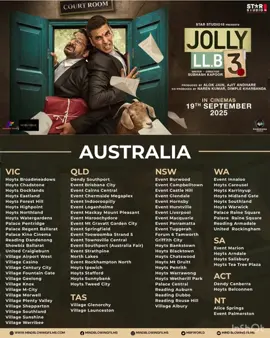 Australia 🎬 Court is now in session!  #JollyLLB3 is hitting the big screen near you – check out the cinema list #jollyVsJolly  #akshaykumar #arshad_warsi #saurabhshuklafilms #iamhumaq #amrita_rao_insta #gajrajrao #sirsubhashkapoor #AlokJain #ajit_andhare #jollynarenkumar #dkh09 #starstudio18 #kangratalkies #panoramamusic 