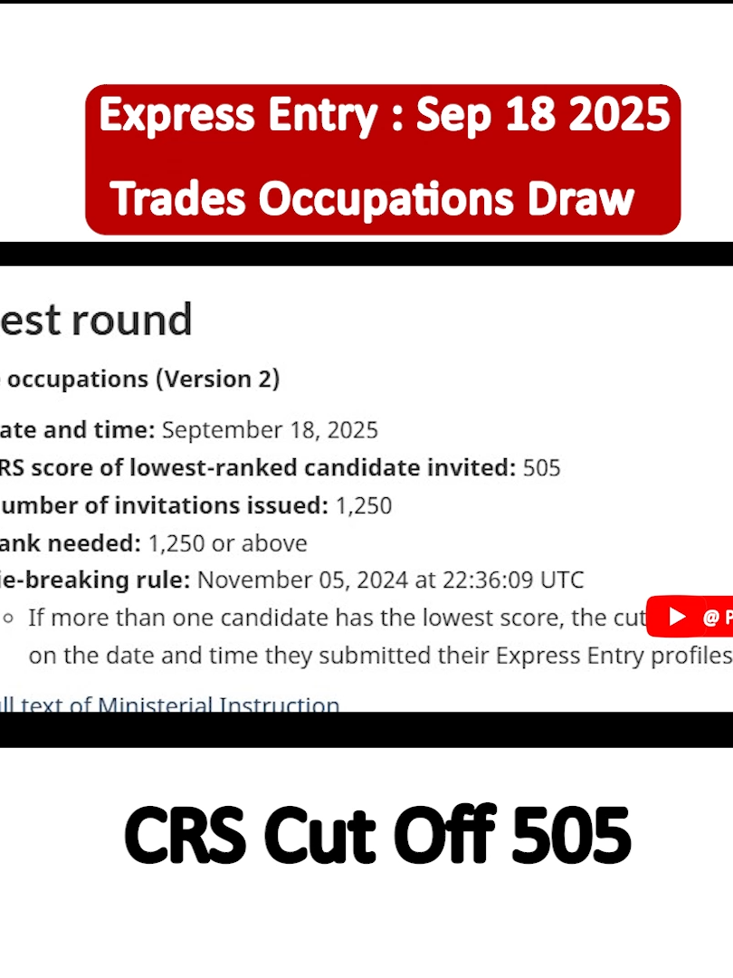 🚨 Canada Immigration Update! 🚨 IRCC ਨੇ ਨਵਾਂ Express Entry draw – Trades Occupations category ਚ ਕੀਤਾ ਹੈ। 👉 1,250 candidates ਨੂੰ ਮਿਲਿਆ Invitation to Apply (ITA). 👉 CRS cut-off ਸੀ 505. 👉 ਪਿਛਲਾ trades draw ਸੀ October 2024 ‘ਚ, cut-off ਸੀ ਸਿਰਫ਼ 433. 👉 2025 ਦੇ ਦੂਜੇ ਹਿੱਸੇ ਵਿੱਚ IRCC 3,300 ITAs trades ਵਾਲਿਆਂ ਲਈ issue ਕਰੇਗਾ। ਕੀ ਤੁਸੀਂ ਵੀ trades ਵਿੱਚ ਹੋ ਤੇ Canada ਆਉਣਾ ਚਾਹੁੰਦੇ ਹੋ? ਕਮੈਂਟ ‘ਚ ਦੱਸੋ 👇 #CanadaImmigration #ExpressEntry #CanadaNews #PunjabiNews #ImmigrationUpdate #Trades #CanadaVisa #CanadaLife #CRSScore