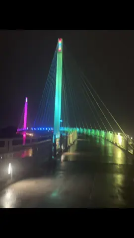Walking the pedestrian bridge in Omaha. It is beautiful at night all lit up. You can walk the bridge, stand in 2 states at the same time, and there’s even a troll under the bridge. #omaha #visitomaha #bobkerrypedestrianbridge #walkingbridge #omahaplaces 