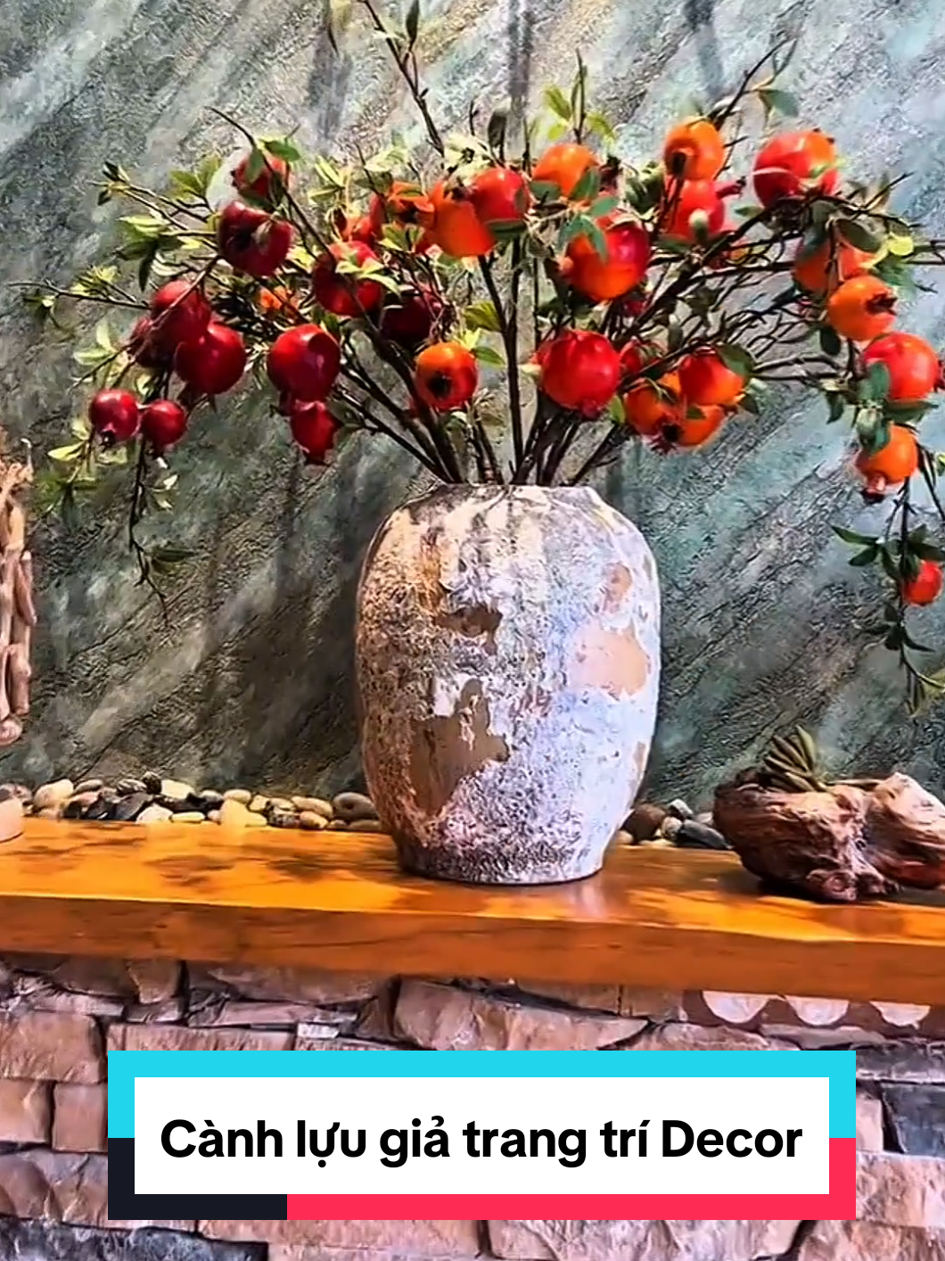 Cành lựu giả có hoa và quả nhựa thân lõi thép decor trang trí  #canhluugia #canhluuphuquy #canhluutrangtri #hoagia 