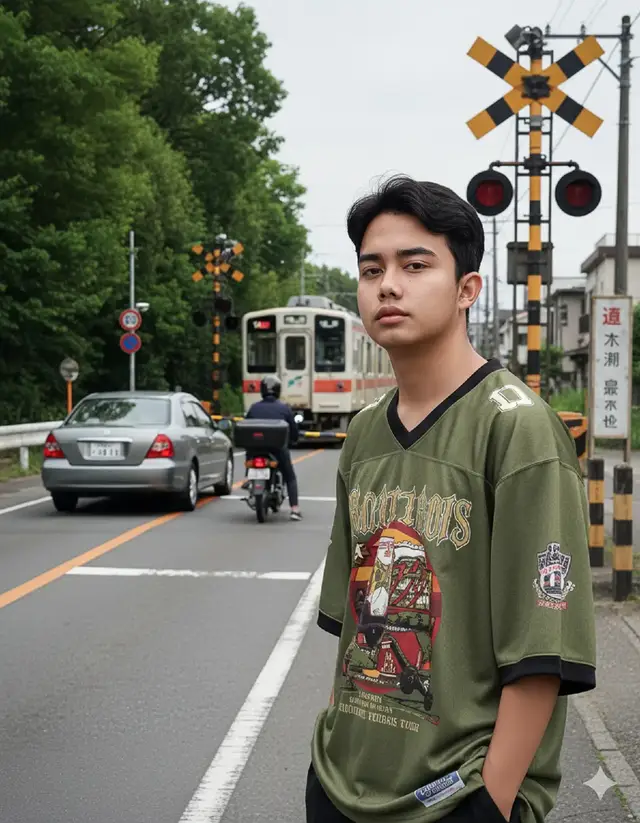 1. Masuk ke GEMINI  2. Tambahkan foto kita yg mau dibuat 3. Masukkan prompt: Make this photo without changing the texture of his face into a Portrait of a young man with a casual style standing on the side of the road near a railroad crossing in Japan. He is wearing a light blue oversized vintage jersey with a cool design. His expression is cool and indifferent, slightly looking up while looking at the camera. The background clearly shows a passing train, a gray car, a person on a motorbike who is about to cross, a yellow-black railroad crossing sign with Japanese writing, and lush trees on the left side. The daytime atmosphere with soft natural light, gives the feel of a small Japanese street that is calm and aesthetic. #ai #googlegemini #geminiai #fyp #prompterchallenge #aiphotography #aiphoto #aistudio #fypage 