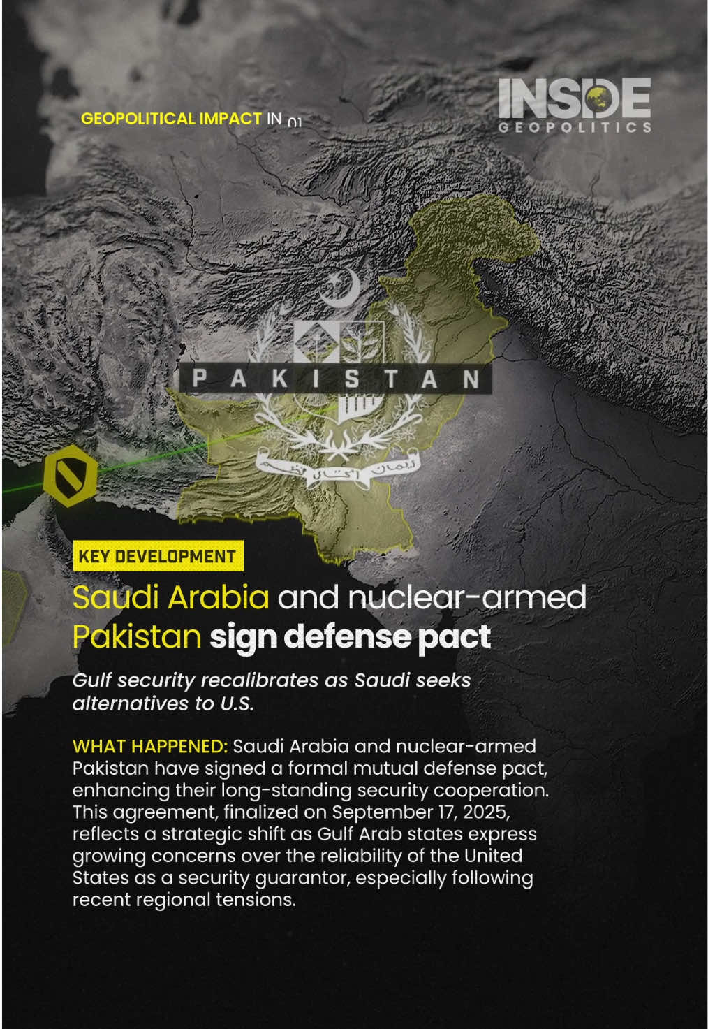 Sept. 18, 2025 | Saudi Arabia and nuclear-armed Pakistan have signed a formal mutual defense pact, enhancing their long-standing security cooperation. This agreement, finalized on September 17, 2025, reflects a strategic shift as Gulf Arab states express growing concerns over the reliability of the United States as a security guarantor, especially following recent regional tensions. #geopolitics #news #Pakistan #SaudiArabia
