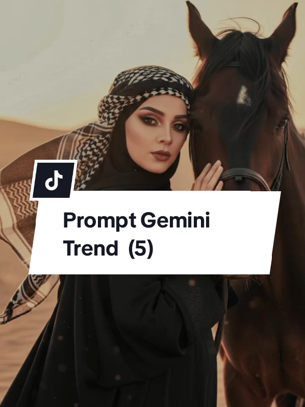 Edit Foto Gemini AI 🍒 Prompt : edit foto dengan make up arabic dan memakai abaya hitam panjang, hijab hitam seperti tertiup angin memakai sorban arabian di kepala, jangan ubah wajah, berikan sedikit efek cahaya matahari di tengah gurun pasir. Dengan gaya kepala bersender ke kuda. #geminiai #geminitrend #fyppppppppppppppppppppppp #editfotogeminiai 