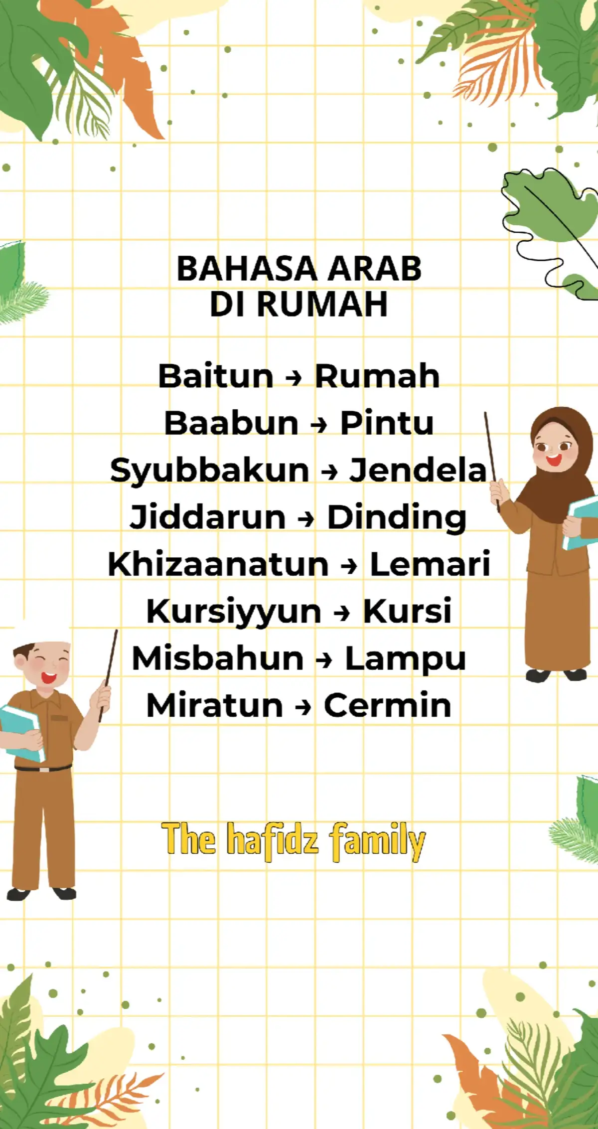 Ternyata gampang banget lho, mulai dari kata benda di sekitar kita 🏠💡 👉 Rumah = Baitun 👉 Pintu = Baabun 👉 Jendela = Syubbakun Belajar sambil seru-seruan, cocok buat anak & keluarga 👨‍👩‍👧‍👦 Yuk sama-sama belajar bahasa Arab dari hal kecil ☺️ #bahasaarab  #belajarbahasaarab  #gurubahasaarab #gurutk  #belajardirumah 