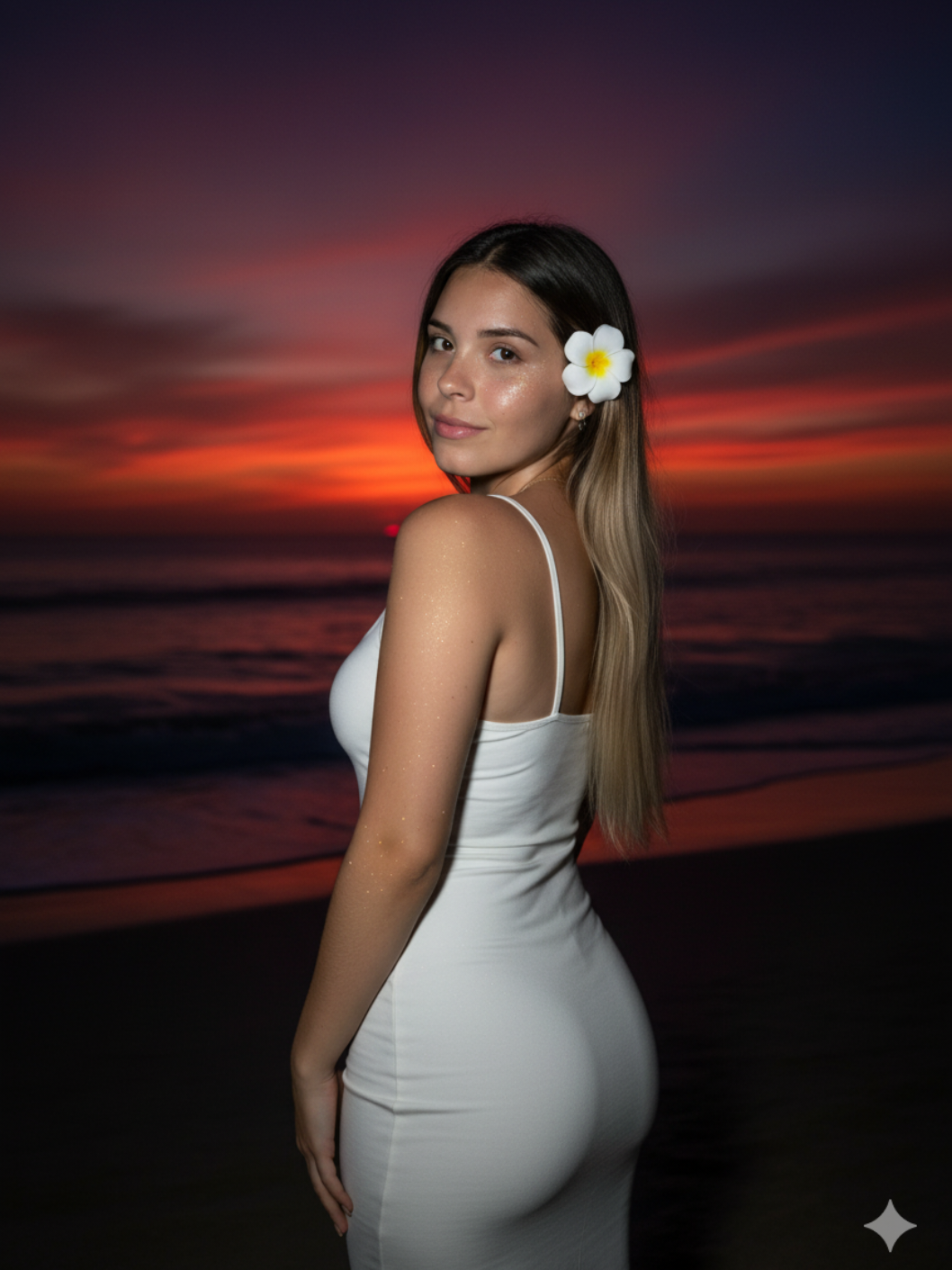 ✨️Prompt Gemini AI ✨️ . Make me look like I’m on a beach where it’s dark but someone took my picture with a flash and my face is a bit glittery and glowing. In the background add the sunset like the sun has 98% set leaving purple red sky and it’s almost dark. The image is taken from behind my back and I’ve been told to turn for the picture. I’m wearing a cute white bodycon dress with flower tucked in my hair.  Image should be 4k HD . #gemini #fyp #searchinsightcreators #paratiiiiiiiiiiiiiiiiiiiiiiiiiiiiiii 