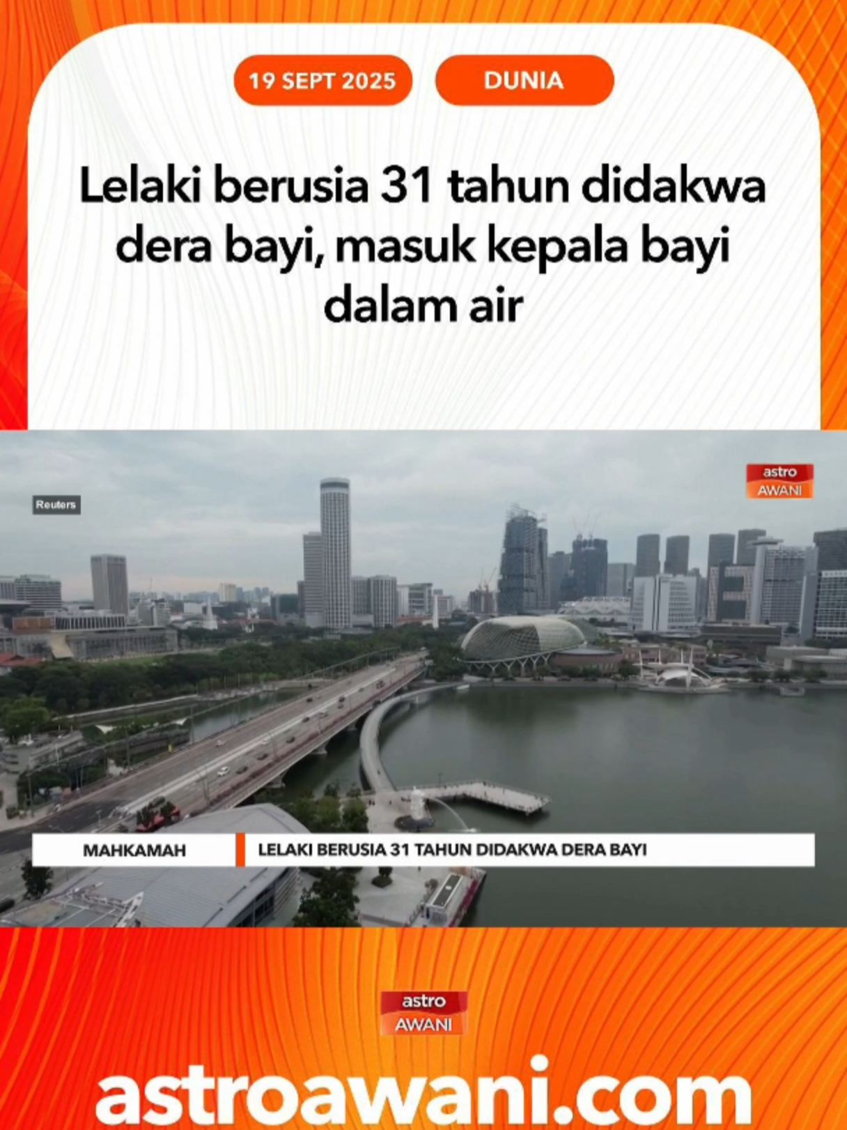 Seorang lelaki tempatan berusia 31 tahun didakwa di mahkamah Singapura hari ini atas hampir 30 tuduhan mendera seorang bayi lelaki yang dijaganya, termasuk mencekik, menekup muka dengan bantal, memasukkan kepala ke dalam baldi air dan menggantung mangsa menggunakan penyangkut baju di dalam almari. #AWANInews