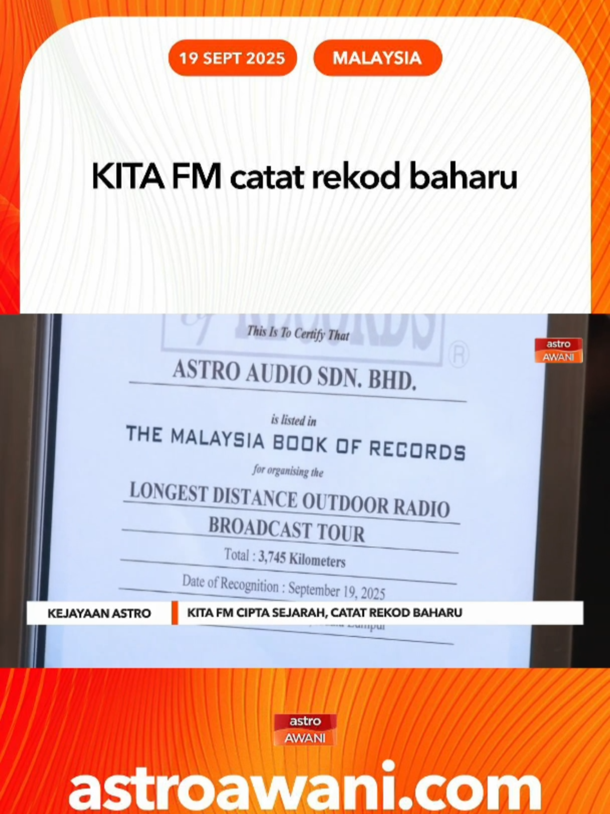 KITA FM mencipta sejarah apabila berjaya mencatat dua rekod dalam Malaysia Book of Records bagi kategori “Jelajah Radio Luar Terpanjang” dan “Jelajah Radio Luar Terpanjang oleh Pengeluar Automotif”. #AWANInews