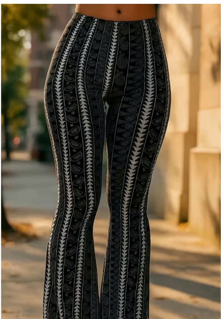 Bold prints, timeless retro flair 🖤✨ #FlarePants #GeometricPrint #RetroStyle #CasualBottoms #AlISeasonLook