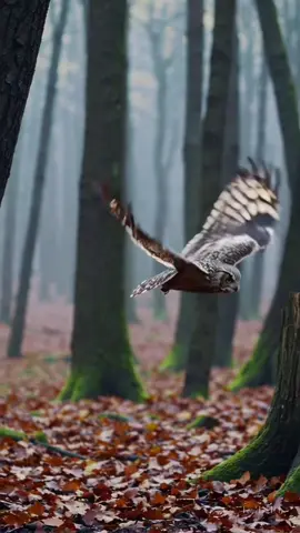 In silence, she watches the forest breathe. #owl #cinematic #forest #autumn #fog 
