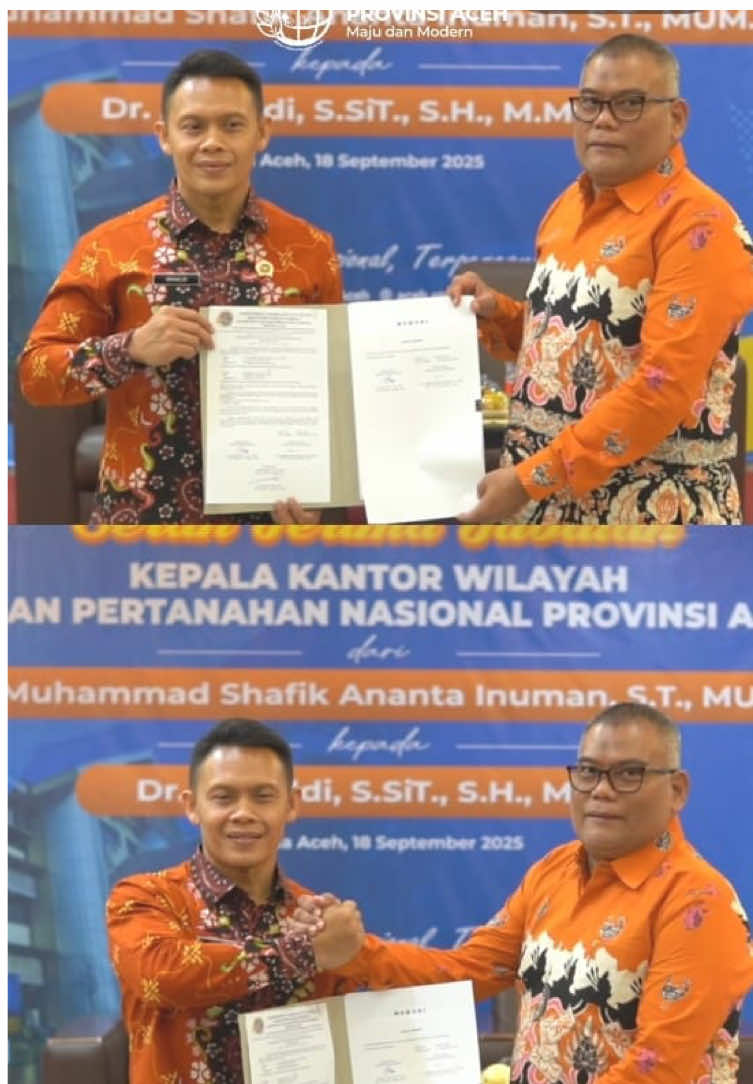 Repost @kanwilbpnaceh Hari ini Kanwil BPN Aceh menggelar serah terima jabatan Kakanwil (18/09/2025) Estafet kepemimpinan resmi beralih dari Ir. Muhammad Shafik Ananta Inuman kepada Dr. Arinaldi.l, S.SiT., S.H., M.M. Acara berlangsung hangat, dihadiri jajaran Kanwil, Kepala Kantor Pertanahan se-Aceh, dan pegawai yang ikut secara daring. Dengan semangat baru, Kanwil BPN Aceh siap melangkah lebih solid untuk memberikan pelayanan terbaik bagi masyarakat. #KementerianATRBPN #MelayaniProfesionalTerpercaya #MajuDanModern #MenujuPelayananKelasDunia #KanwilBPNAceh      Hubungan Masyarakat Kantor Wilayah BPN Provinsi Aceh Sosial Media Resmi: Instagram : @kanwilbpnaceh Threads : /kanwilbpnaceh TikTok : /kanwil.bpnaceh Facebook : /kanwilbpnprovaceh X : /KanwilBPNAceh Youtube : /KanwilBPNAceh Website Resmi: https://aceh.atrbpn.go.id/ Permintaan Informasi Publik (PPID): https://ppid.atrbpn.go.id/kantor/wilayah/aceh Layanan Pengaduan: https://lapor.go.id Hotline Whatsapp : 0811-1068-0000