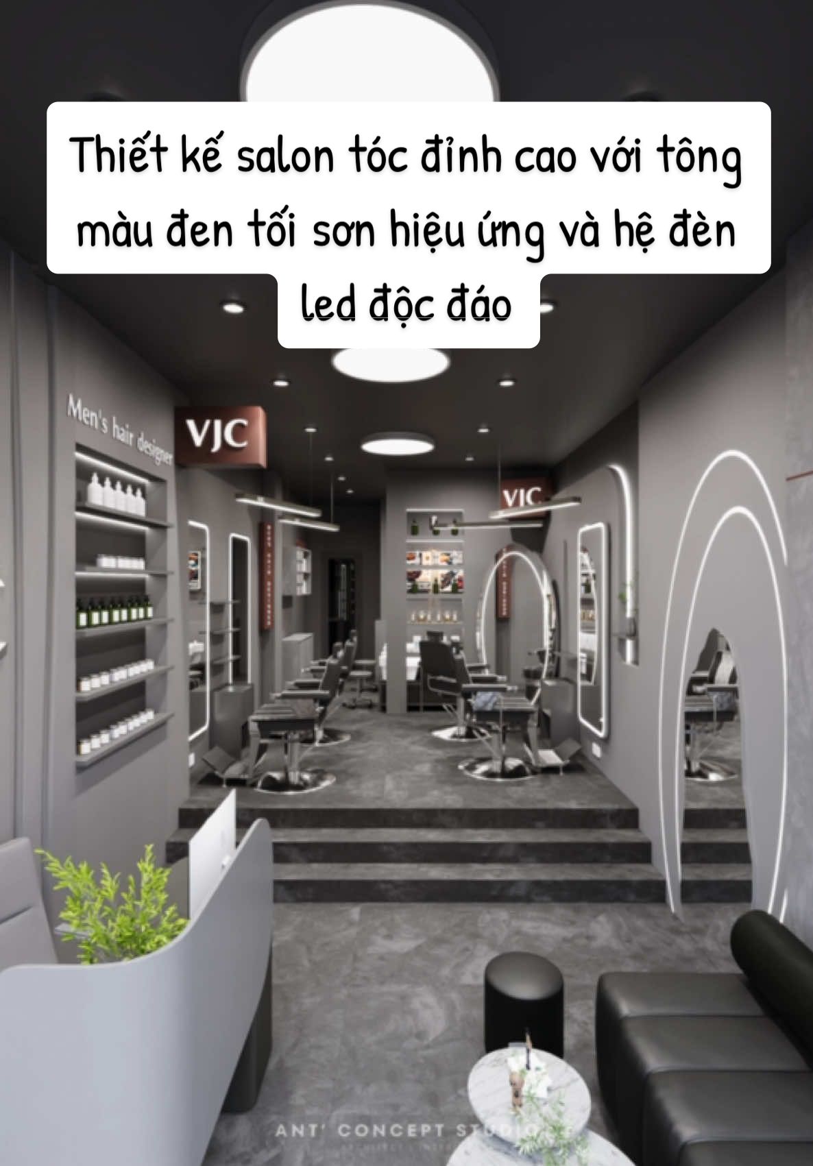 Thiết kế salon tóc đỉnh cao với tông màu đen tối sơn hiệu ứng và hệ đèn led độc đáo #xuhuong #antconcept #salontoc #salontocdep #thietkesalon #thicongsalon #babershop 