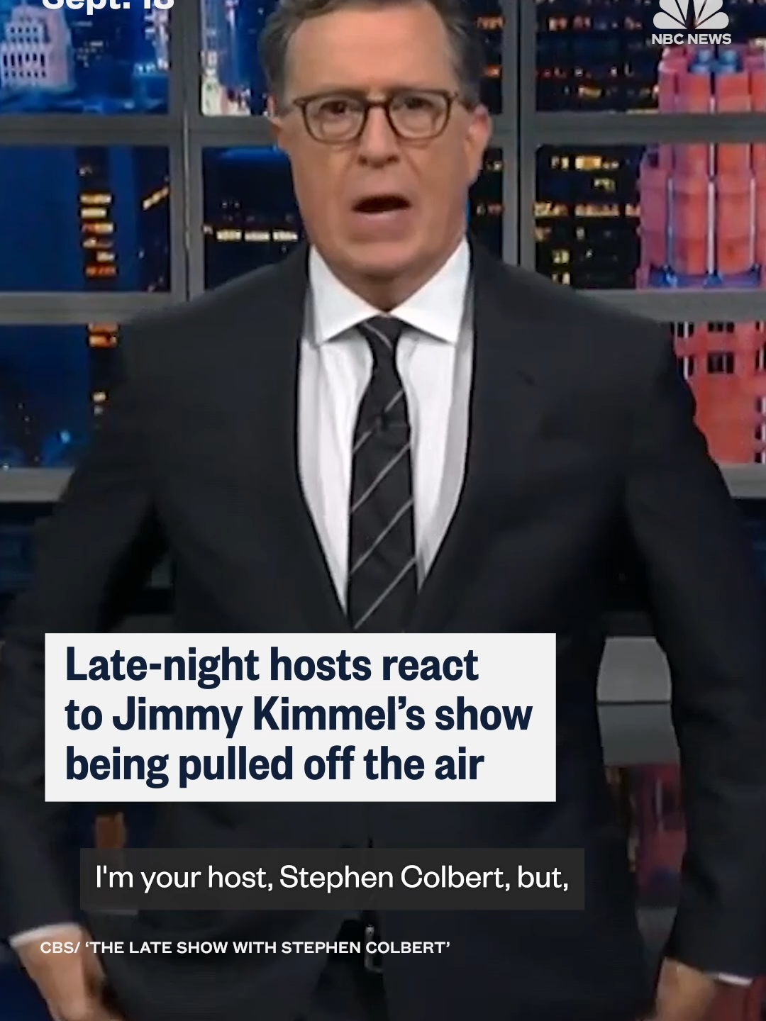 Late-night comedy hosts Jon Stewart, Stephen Colbert, Jimmy Fallon, and Seth Meyers react to Jimmy Kimmel's indefinite suspension following his comments about the assassination of Charlie Kirk.