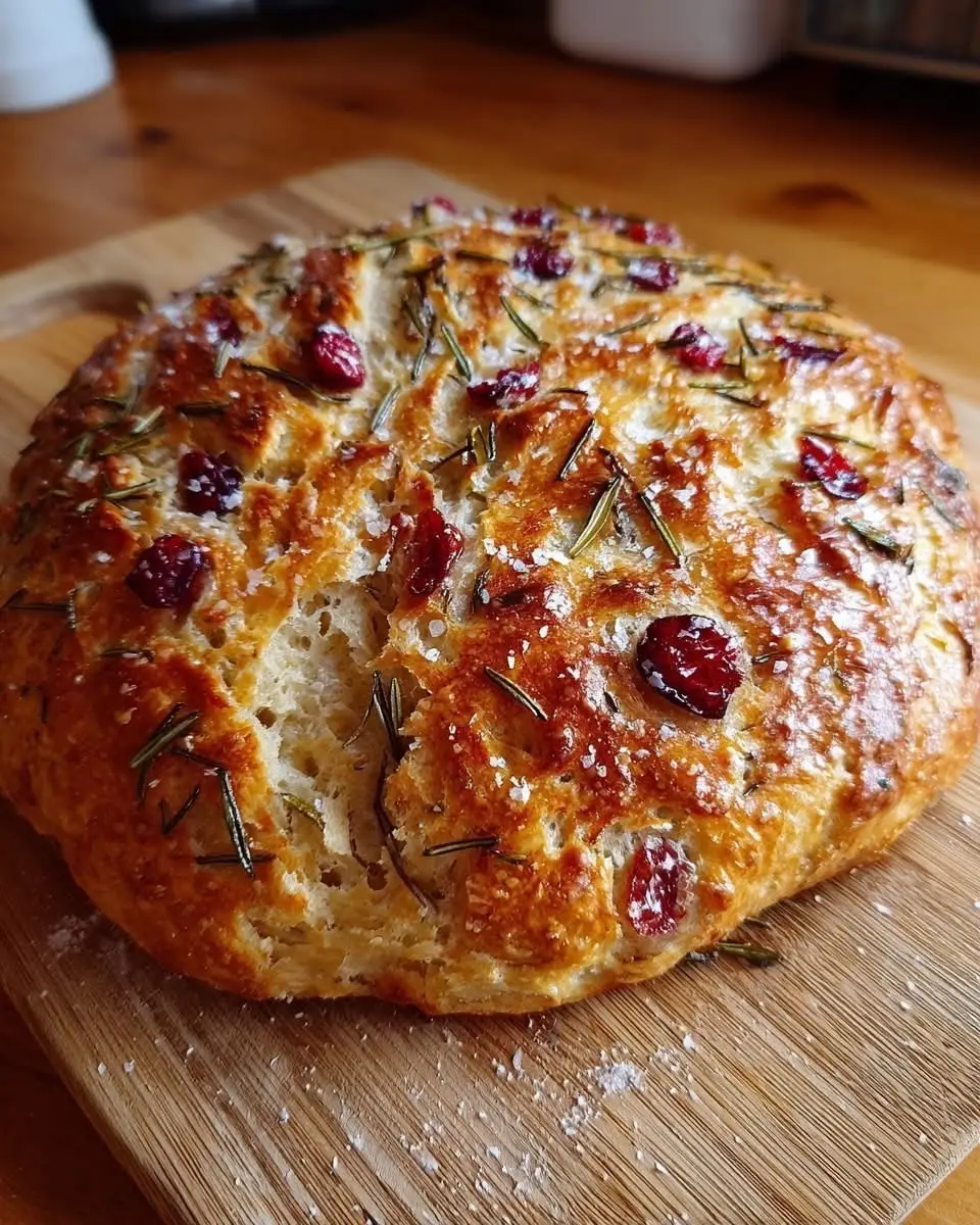 No-Knead Rosemary Cranberry Bread with Olive Oil & Sea Salt Ingredients: 3 cups (360 g) all-purpose flour 1 1/4 teaspoons (7 g) salt 1/2 teaspoon (2 g) instant yeast 1 1/2 cups (360 ml) warm water 1/2 cup (70 g) dried cranberries 2 teaspoons (1 g) fresh rosemary, chopped 2 tablespoons (30 ml) olive oil, plus extra for drizzling Sea salt, for sprinkling Directions: In a large bowl, combine flour, salt, and yeast. Stir in water until a sticky dough forms. Fold in cranberries and rosemary. Cover the bowl with plastic wrap or a clean kitchen towel. Let the dough rise at room temperature for 12–18 hours, until bubbly and doubled in size. Preheat the oven to 450°F (230°C). Place a Dutch oven or heavy oven-safe pot inside to heat for 30 minutes. Carefully transfer the dough into the hot pot. Drizzle with olive oil and sprinkle with sea salt. Cover with the lid and bake for 30 minutes. Remove the lid and bake an additional 15 minutes, until the crust is golden and crisp. Cool on a wire rack before slicing. Prep Time: 15 minutes Rising Time: 12–18 hours Cooking Time: 45 minutes Total Time: 13–18 hours 45 minutes Kcal: 220 per slice Servings: 8